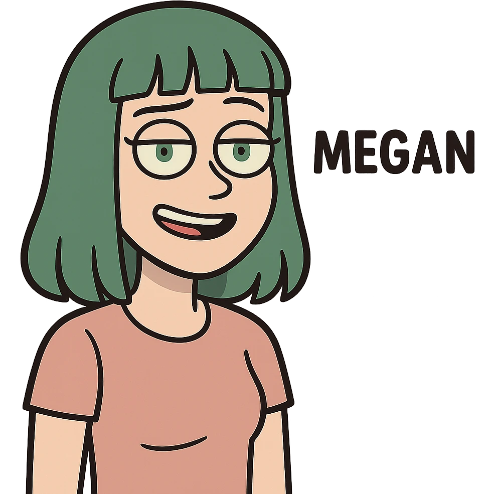 cartoon face of Megan, green hair, straight bangs, green eyes, same expression, same line style emoji