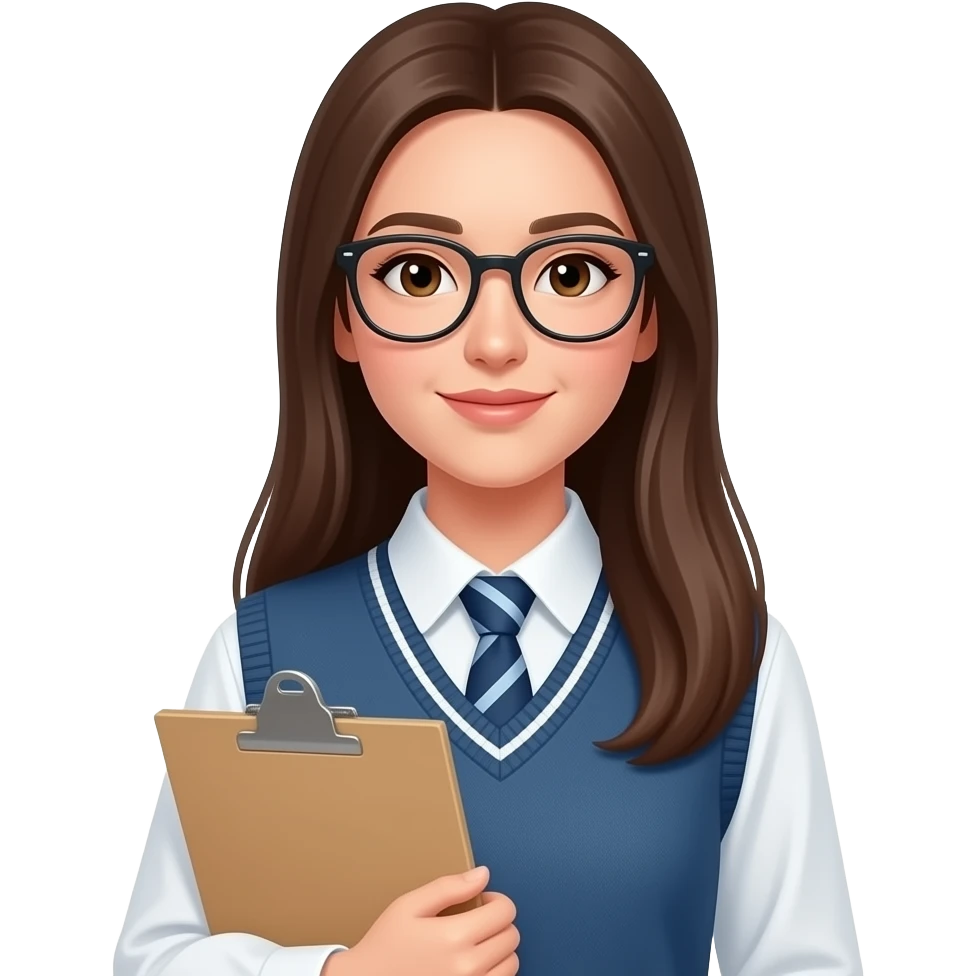 A female student with long, straight hair, giving off a student council president vibe. She wears trendy, thin-rimmed glasses, a perfectly buttoned-up school uniform shirt, and carries a document folder close to her chest. emoji