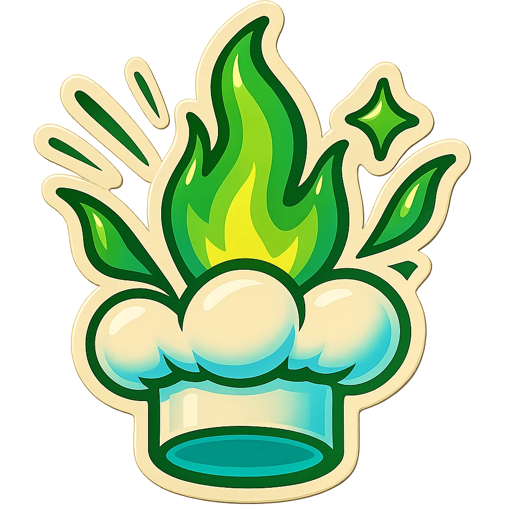 chef's hat explode with trails of fires, emoji, playful, magic flame green gradient, vibrant, flame matching style reference file emoji
