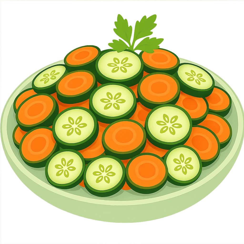 Add cut carrot slices to the sliced cucumber salad with herbs. The style should resemble emoji style with no background. emoji