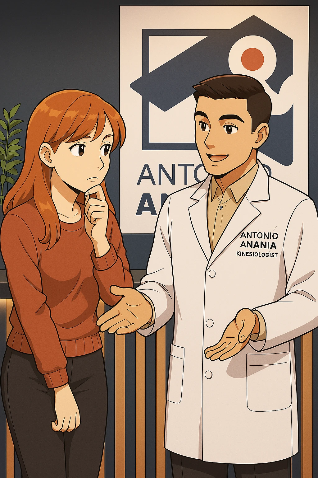 su questo stile fai un manga/webtoon a colori in cui una donna SI TOCCA IL MENTO MENTRE FA UNA DOMANDA ALL'UOMO, l'uomo della foto in stile manga LE SPIEGA CHE DEVE PROVARE LA SUA VALUTAZIONE MEDICA, mantieni un ambiente simile alla foto che ho allegato con il suo logo (sarebbe il suo studio, lui è un kinesiologo), scrivigli "ANTONIO ANANIA" sul camice bianco, non mettere fumetti, ma fai in modo che sembri che la donna CHIEDA E  l'uomo RISPONDA emoji
