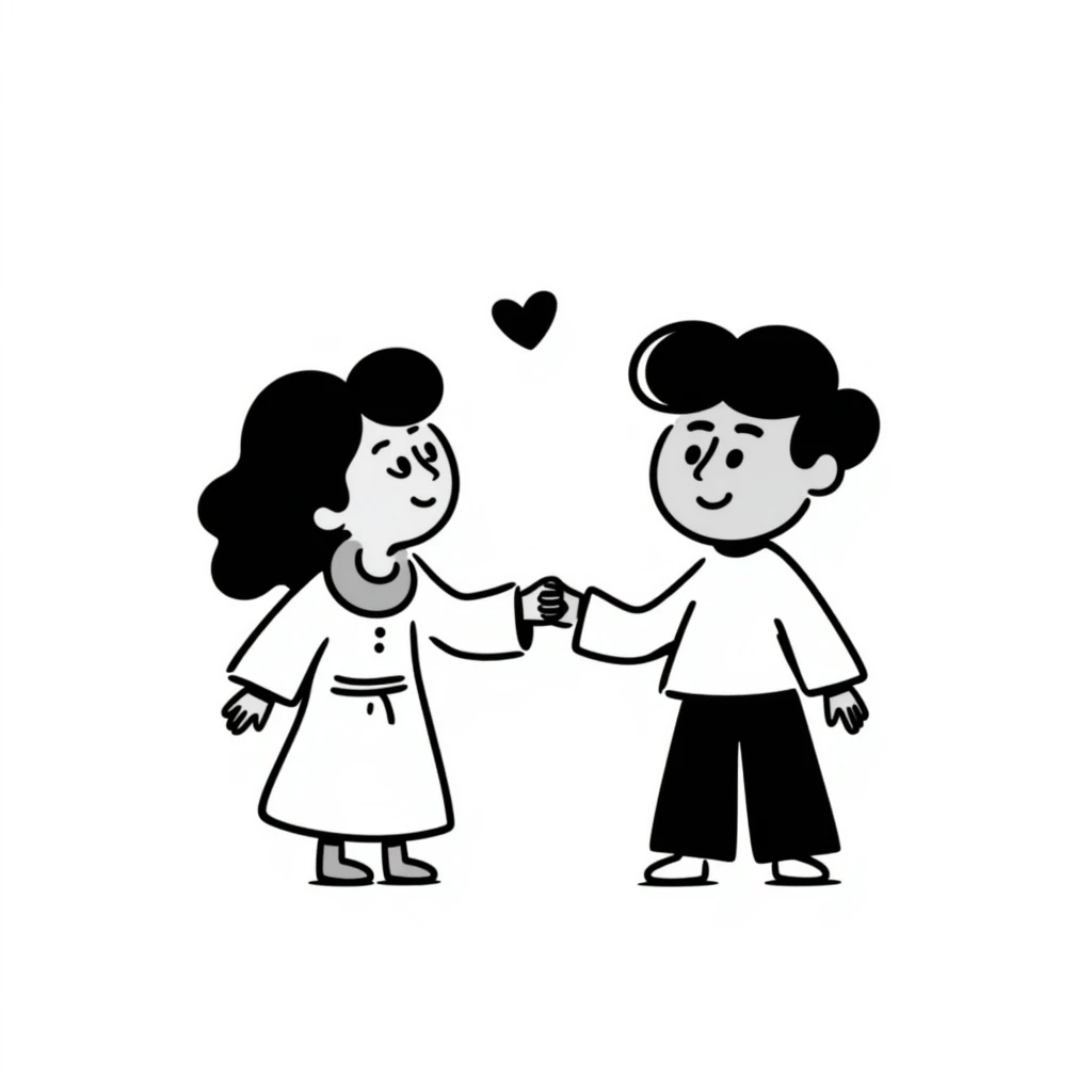 hand drawn cutesy tiny Jesus and a person, both smiling, with a small heart between them emoji
