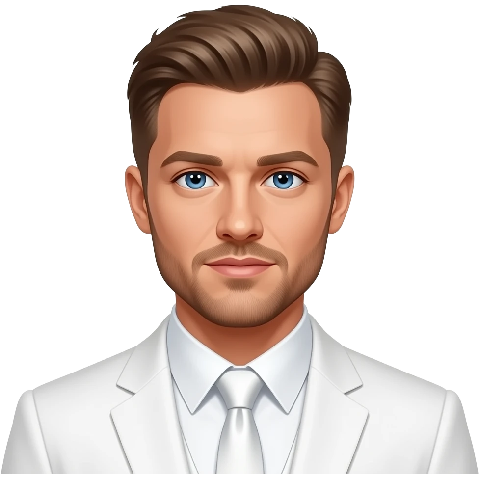 Justin Timberlake with blue eyes, light brown hair, white shirt, white suit jacket and tie emoji