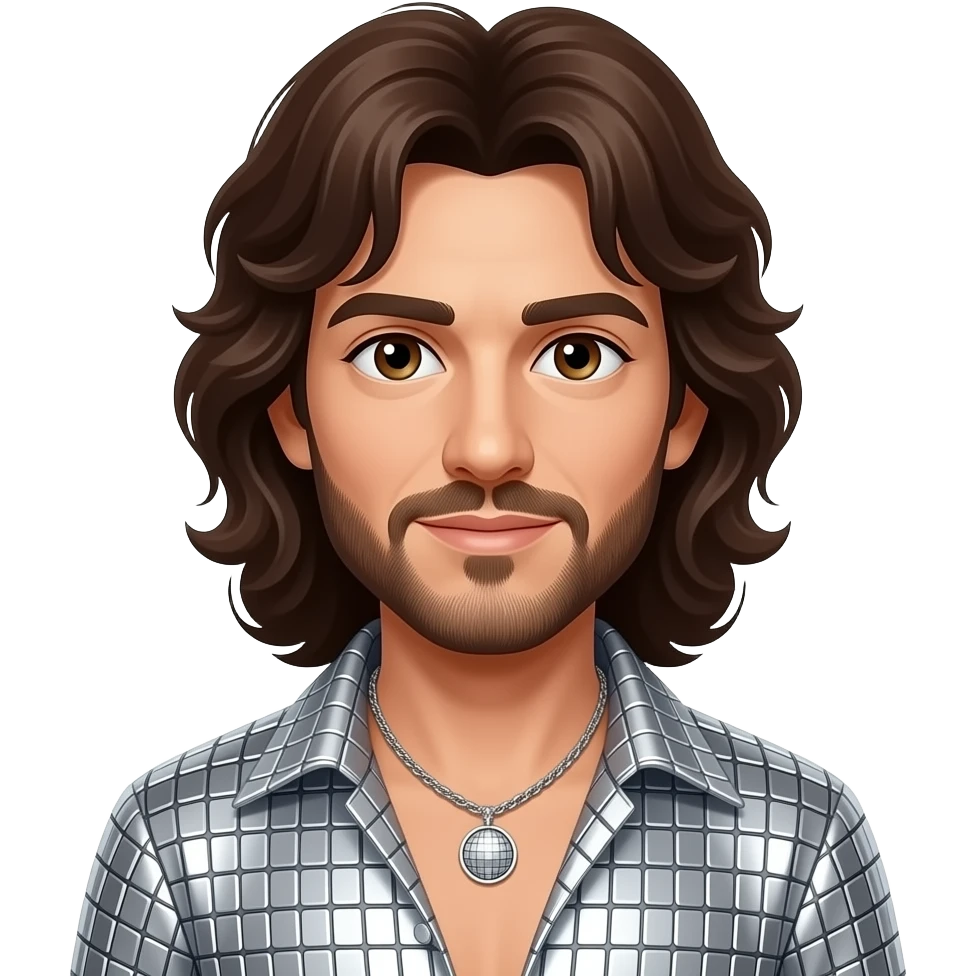 Barry Gibb from Bee Gees with brown eyes, long dark brown 1970s wavy hair and short beard, silver metallic disco outfit, necklace emoji