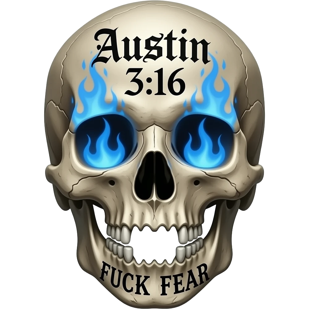 Forward facing human skull, skull pieces missing, FUCK FEAR carved on jaw, same gothic font, slightly open, teeth slightly chipped, Austin 3:16 stacked, carved in forehead, eye & nose cavity with intense blue flames, words in a BLACK GOTHIC FONT, entire skull is aged, sun dried, weathered emoji