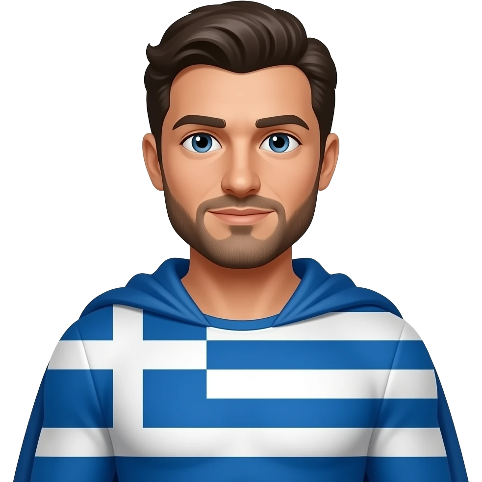latin looking man with a short beard but is a superhero that wears a cape made of the Greek flag but his clothes aren't the flag emoji