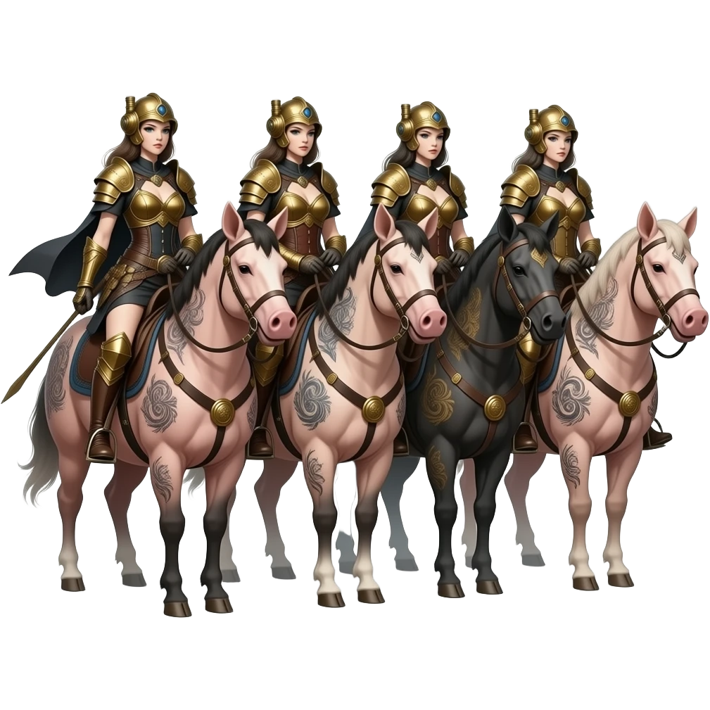 steampunk -  four thin and pale female horsemen of the apocalypse ride on large tattooed pigs emoji