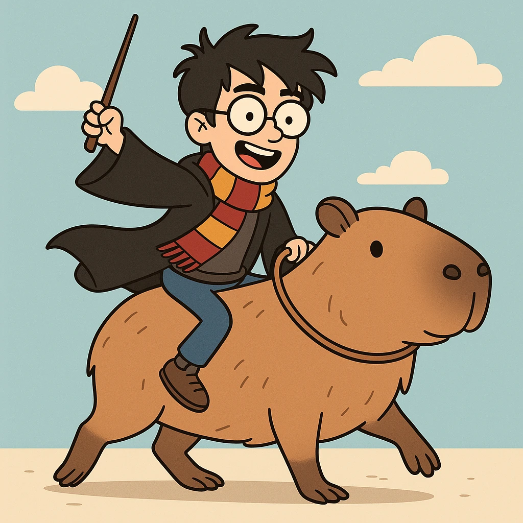 Harry Potter riding a capybara, cartoon style, playful, bright colors emoji