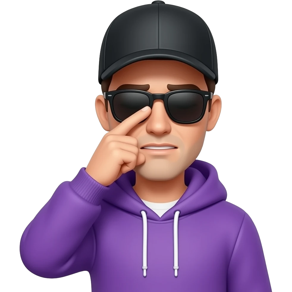 tall skinny guy with black basecap, purple hoodie, sunglasses facepalm emoji