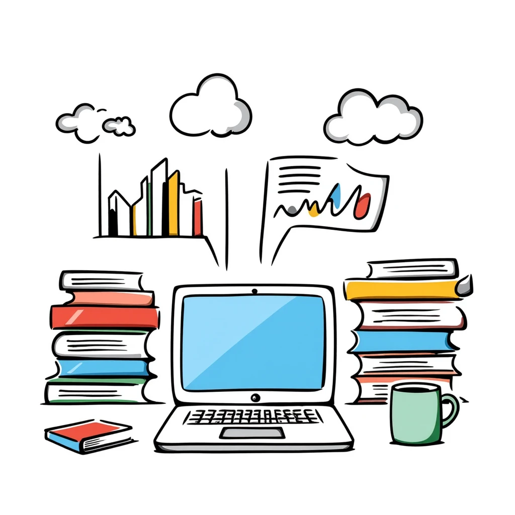 Academic research illustration showing a desktop with laptop, stacked reference books, coffee mug, and analytical charts and graphs. Hand-drawn colorful doodle with blue screen, vibrant book covers, and colorful data visualizations. emoji
