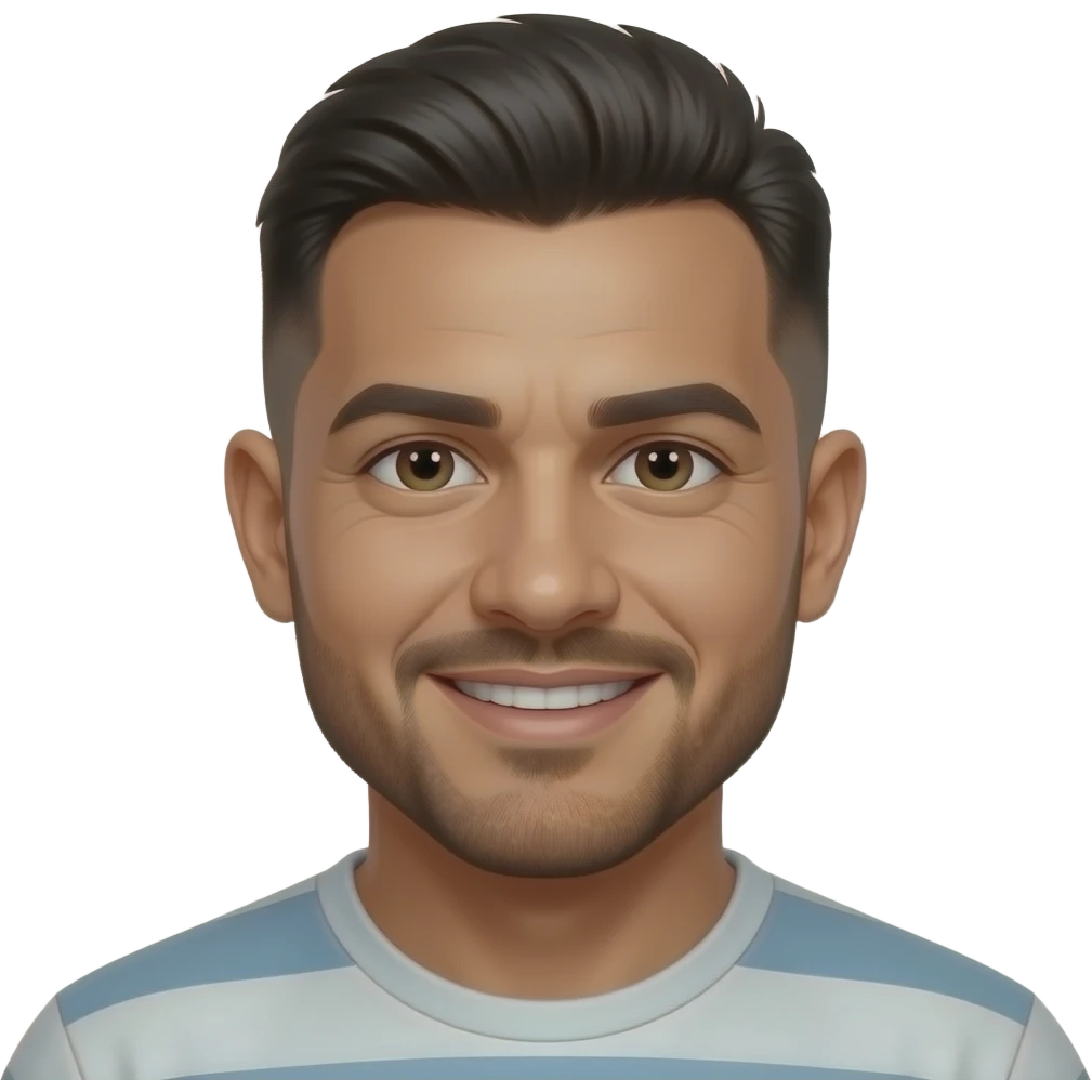 Adult, 30 years old, from Ceará, Brazilian, short faded sides, low quiff on top, clean-shaven beard, medium mustache, smiling. emoji