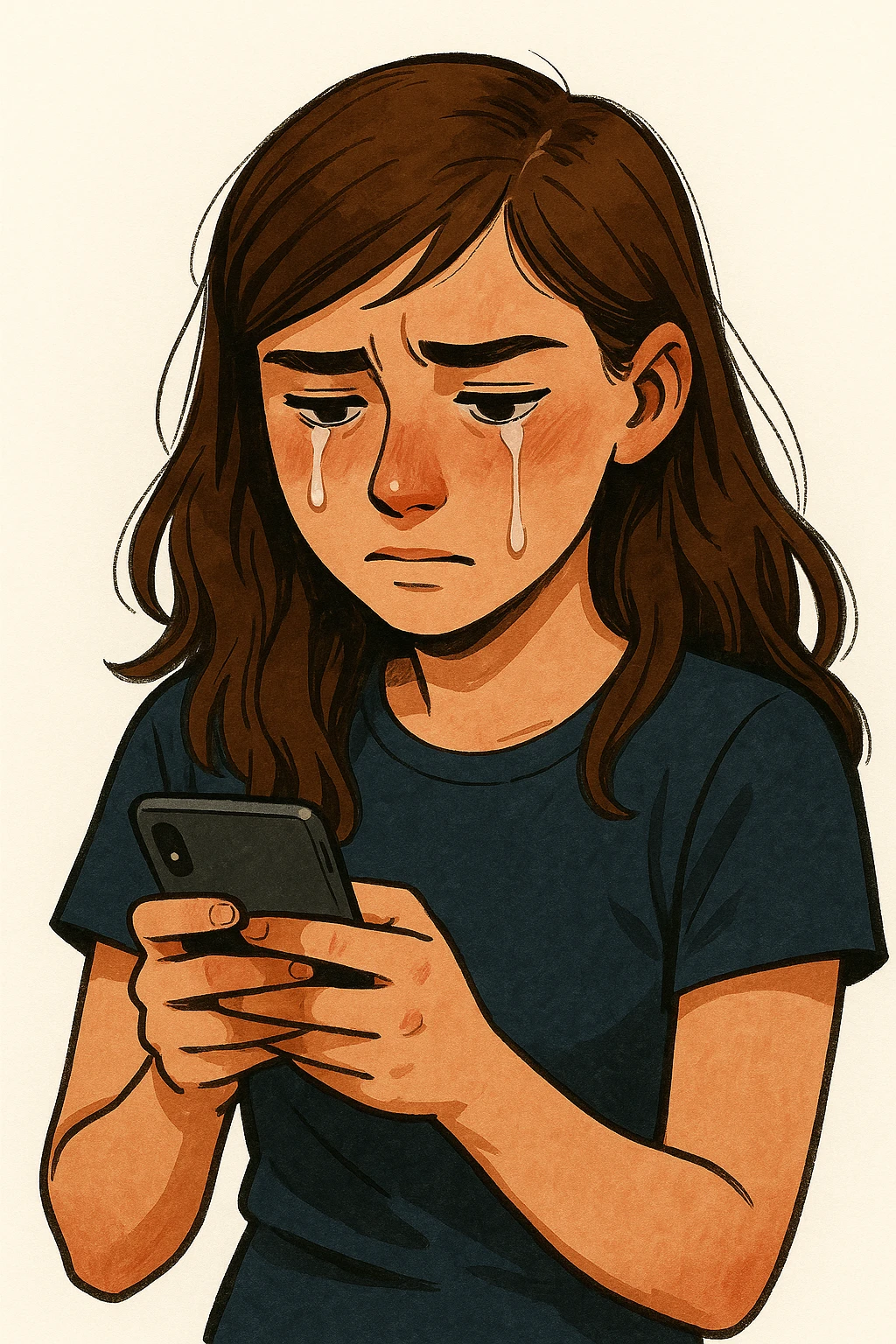 girl with brown hair looking at a phone, crying, modern illustration style emoji
