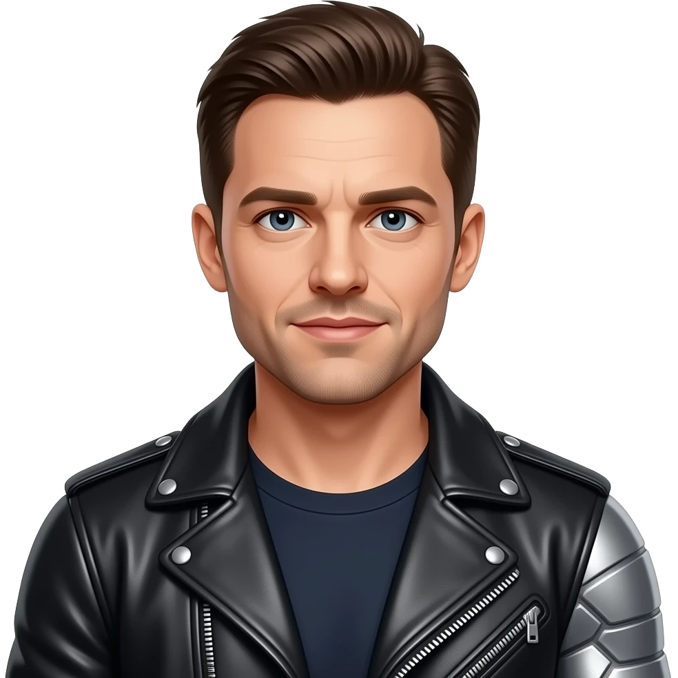 Sebastian Stan with  a leather jacket and one metal arm emoji