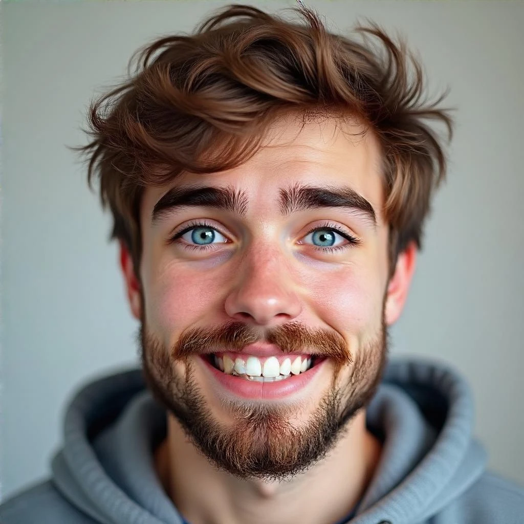 20 year old man, short scruffy beard and thin moustache, brown puffy mullet, blue eyes, big smile, white teeth, big lips, pronounced jaw, hair longer in back, sticking up on top, thin face, grey hooded sweatshirt, blue eyes emoji