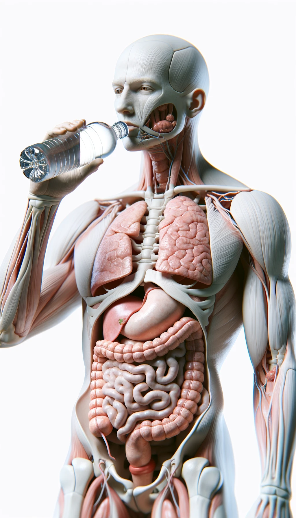 corpo umano anatomico con intestino in evidenza che beve una bottiglietta di acqua con espressione neutra in volto, iperrealistico 4k, isolato su sfondo bianco emoji