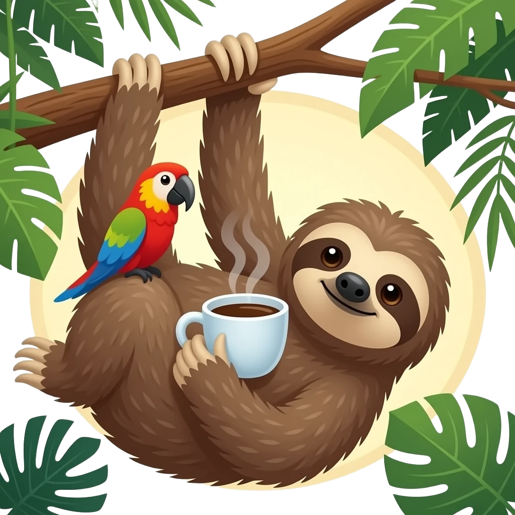 sloth tree morning coffee hanging sunrise jungle paradise parrot emoji
