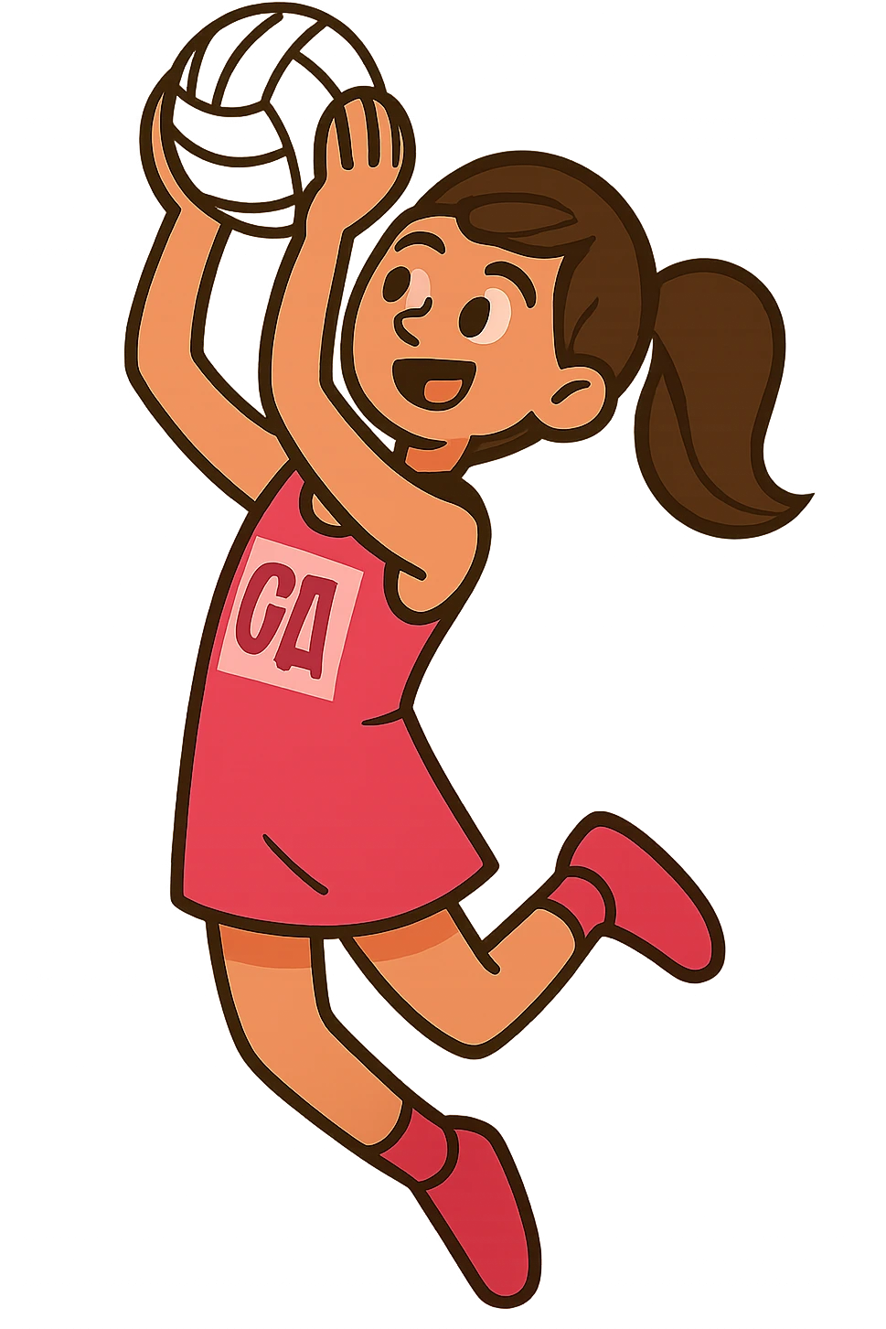 a brunette girl in a pink netball uniform jumping and shooting a netball, energetic, no background emoji