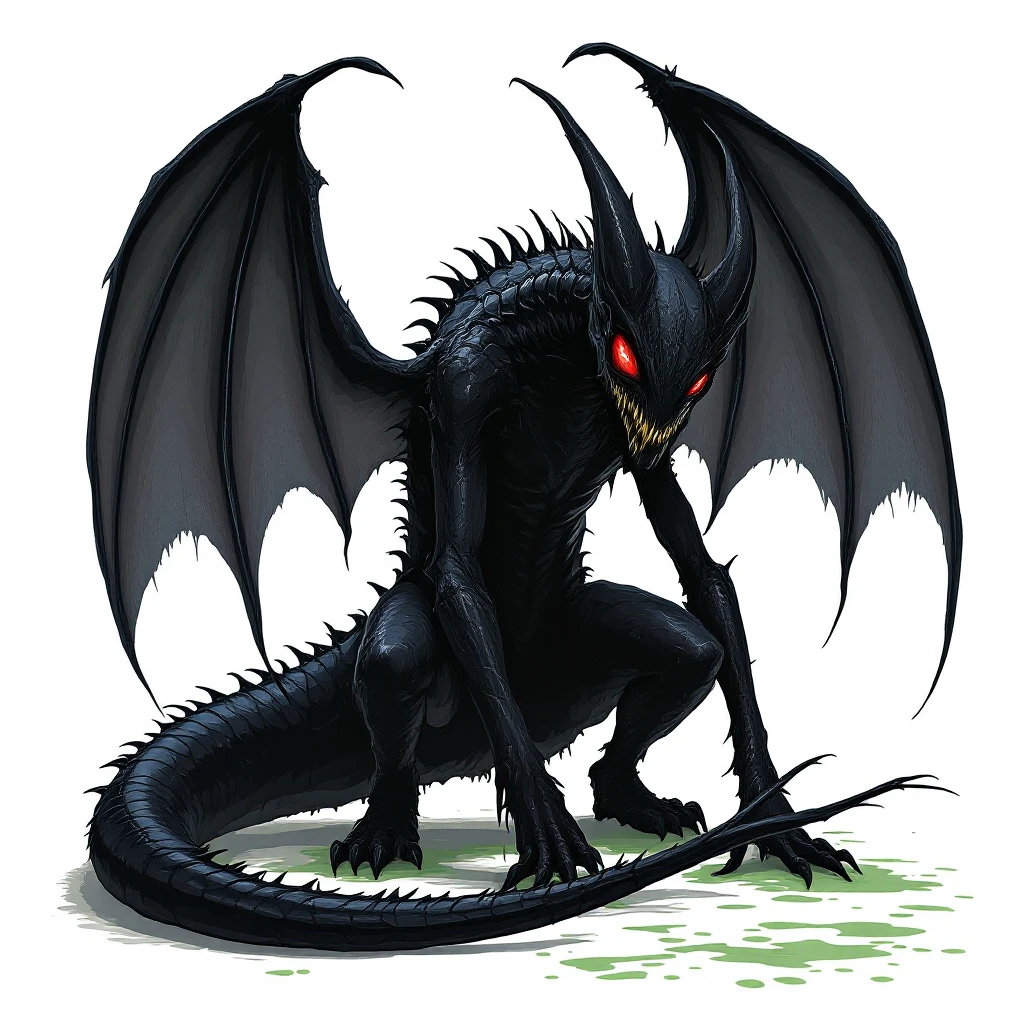 an all black reptilian bat-like creature. One cyclopian red eye in its face. no visible mouth or ears. 2 hind legs with claws. has a long tale with a stinger that drips green poison. no ears. no horns. no arms. visible bone-like stinger at end of tail emoji