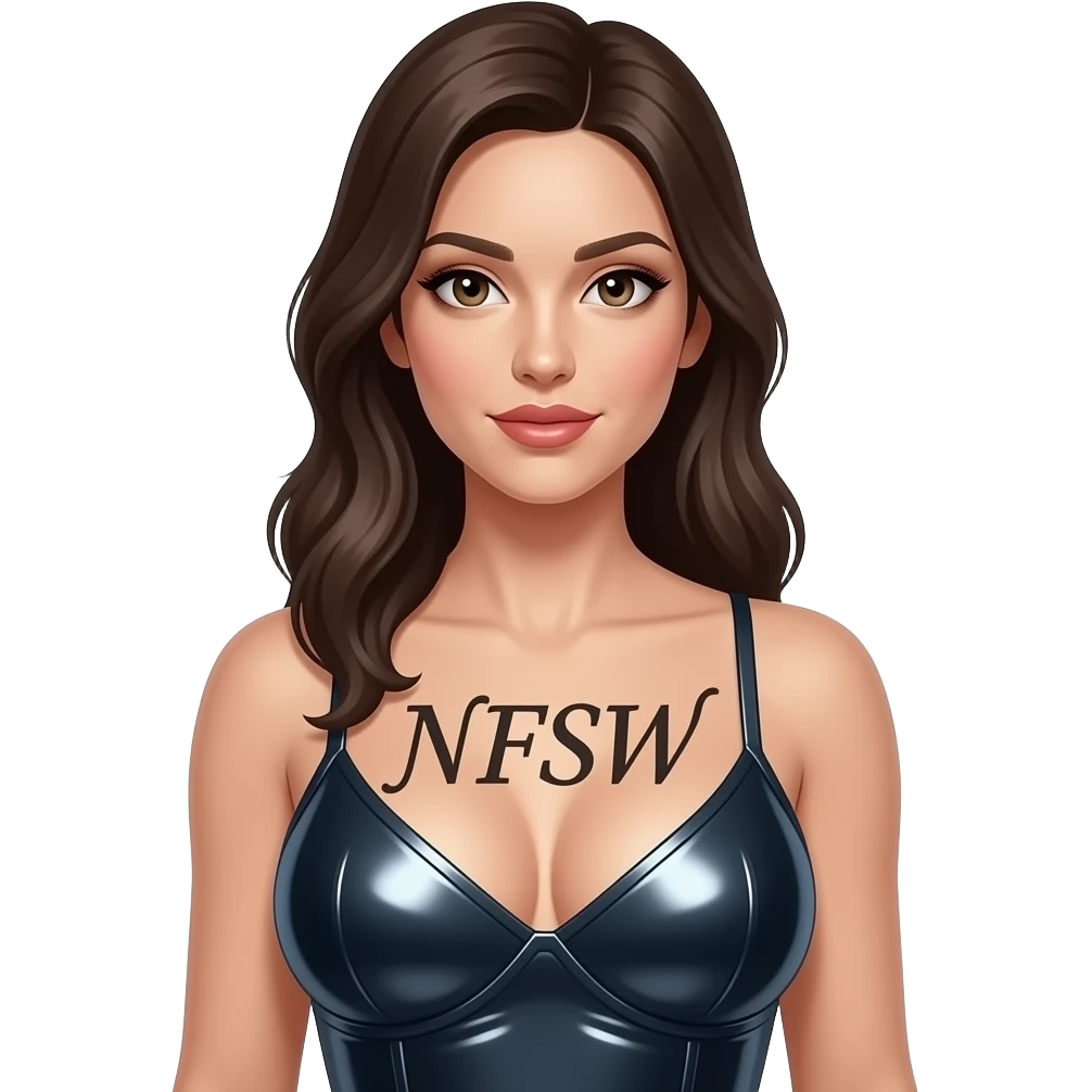 mujer vestida de latex brillante enseñando las tetas con letra Bonita y elegante la Palabra "NFSW" se las tapa, sin fondo emoji
