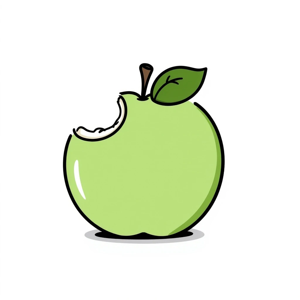 green apple with a bite taken out, fresh and slightly sour, hand-drawn doodle style emoji