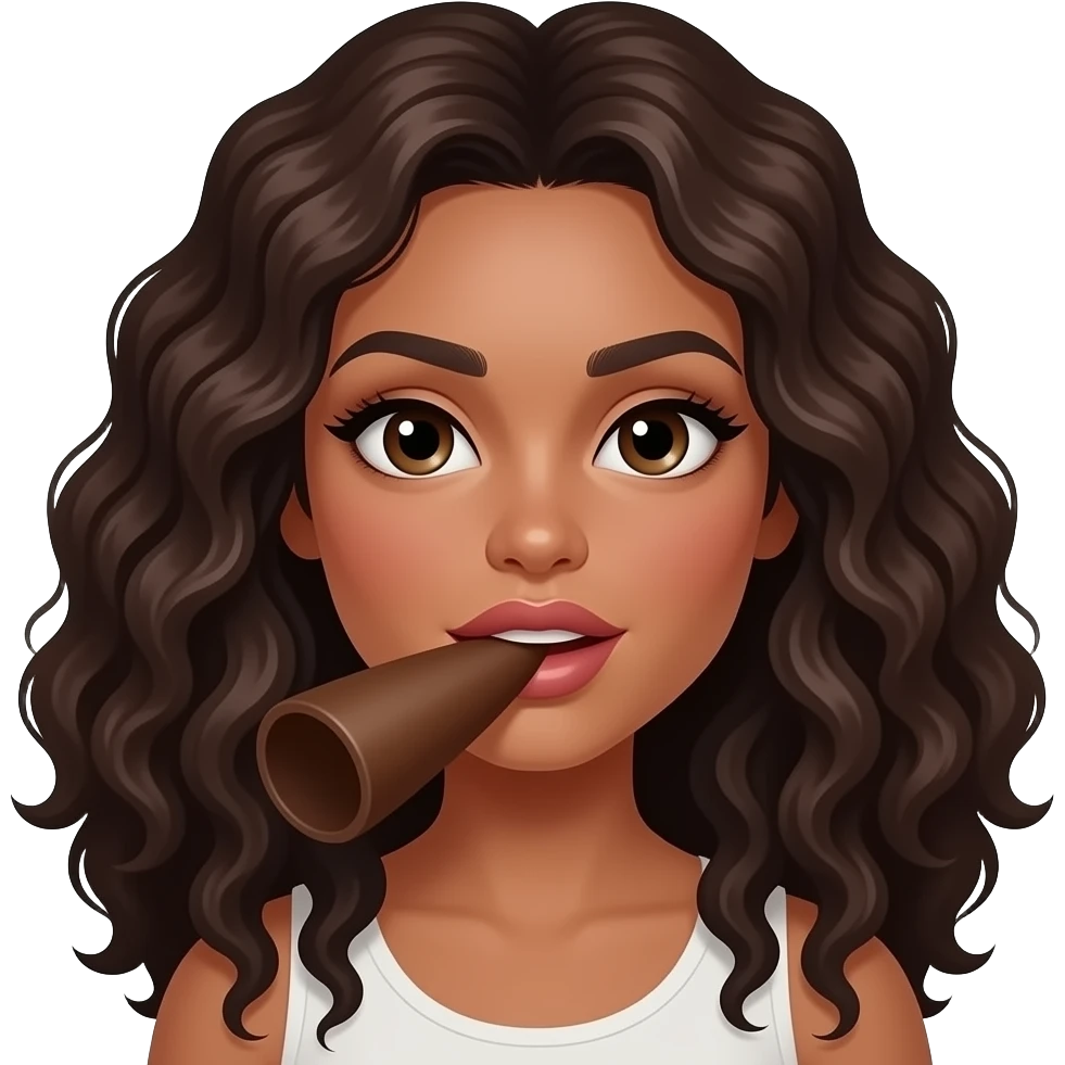 A brown woman with dark long curly hair and big lips sucking on a big brown cylinder emoji