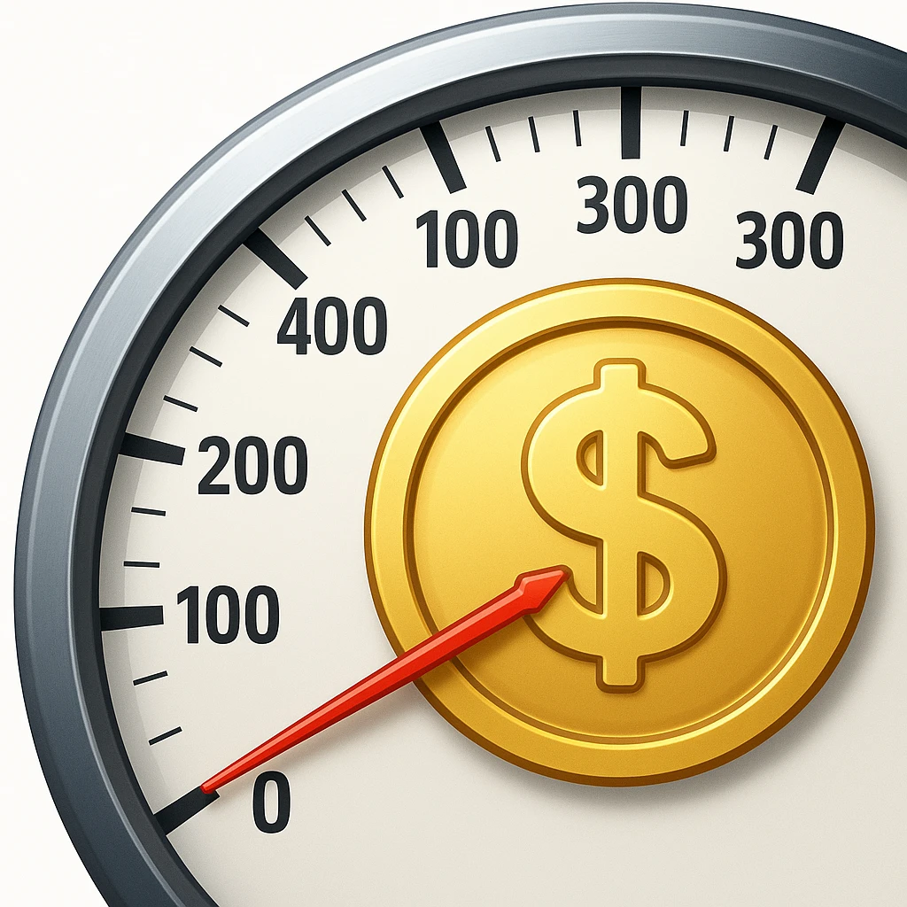 Show only half of the speedometer, and make the dollar coin in the center much bigger, keep classic apple emoji style emoji