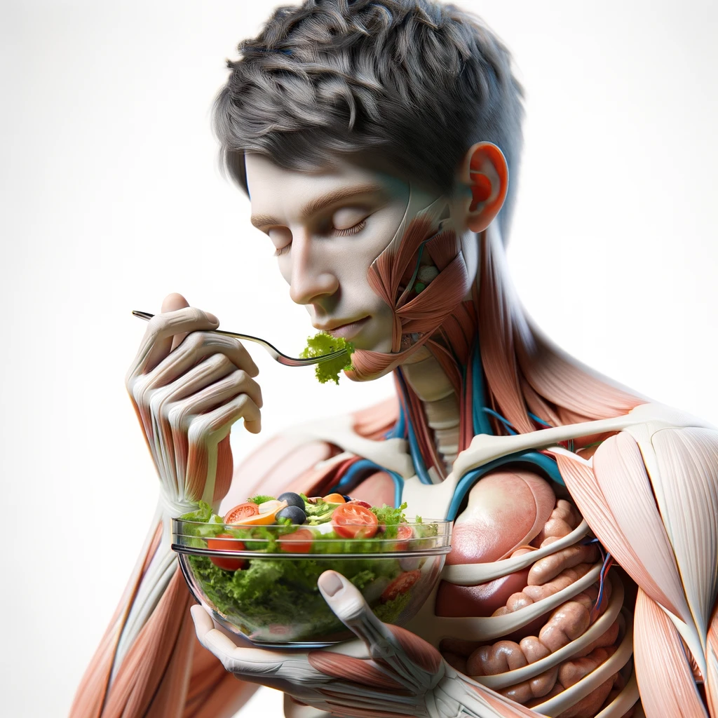 corpo umano anatomico con capelli corti che mangia un insalata con espressione serena in volto, organi sani in evidenza, iperrealistica 4k, isolato su sfondo bianco emoji