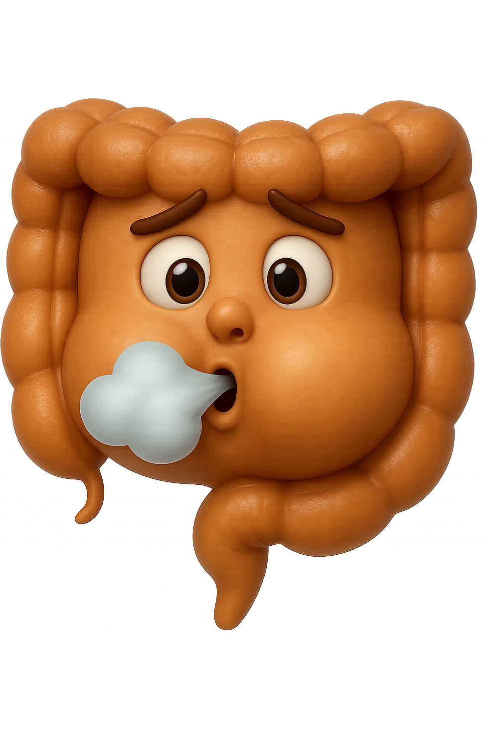 emoji stile iphone di un intestino che ingoia una nuvoletta di aria ben visibile e gli si gonfia la pancia, iperrealistico 4k emoji