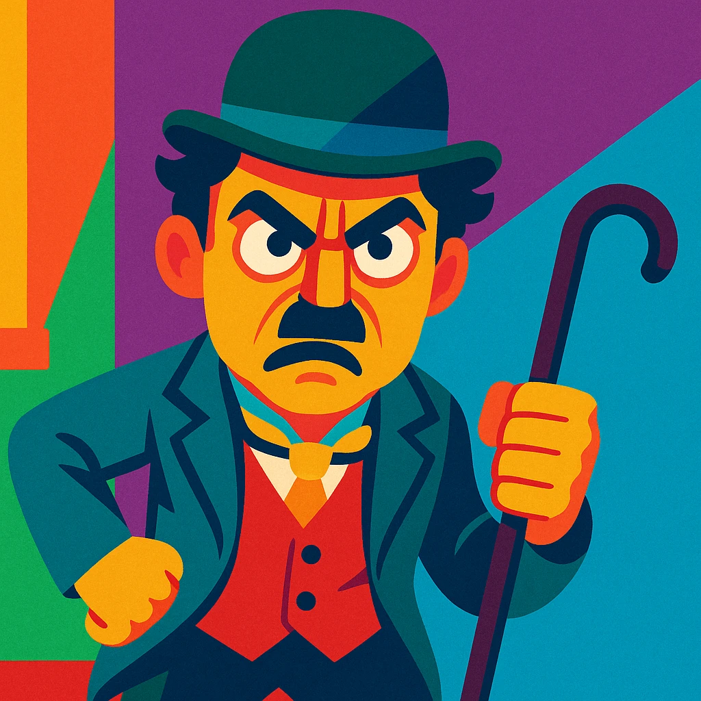 angry Charlie Chaplin, vibrant toon style, colorful, expressive, bowler hat, mustache, cane emoji
