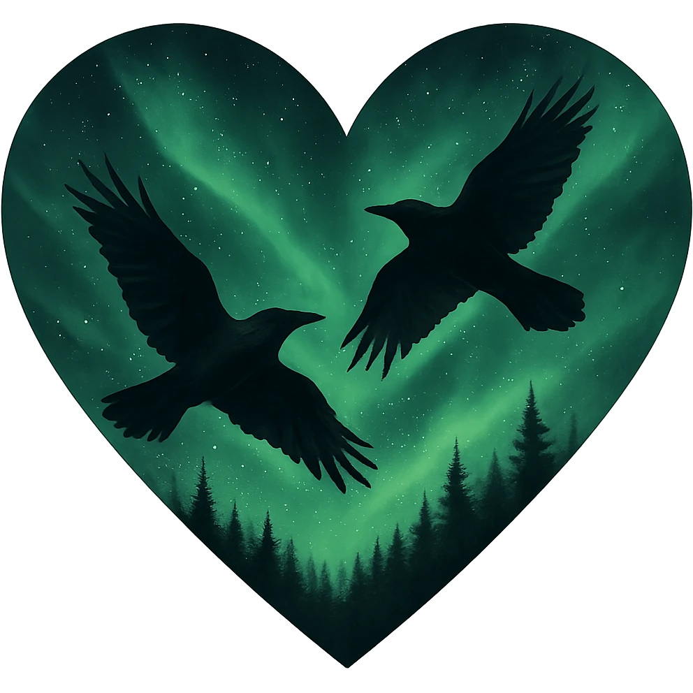  heart with green night sky and dark ravens, remove background emoji