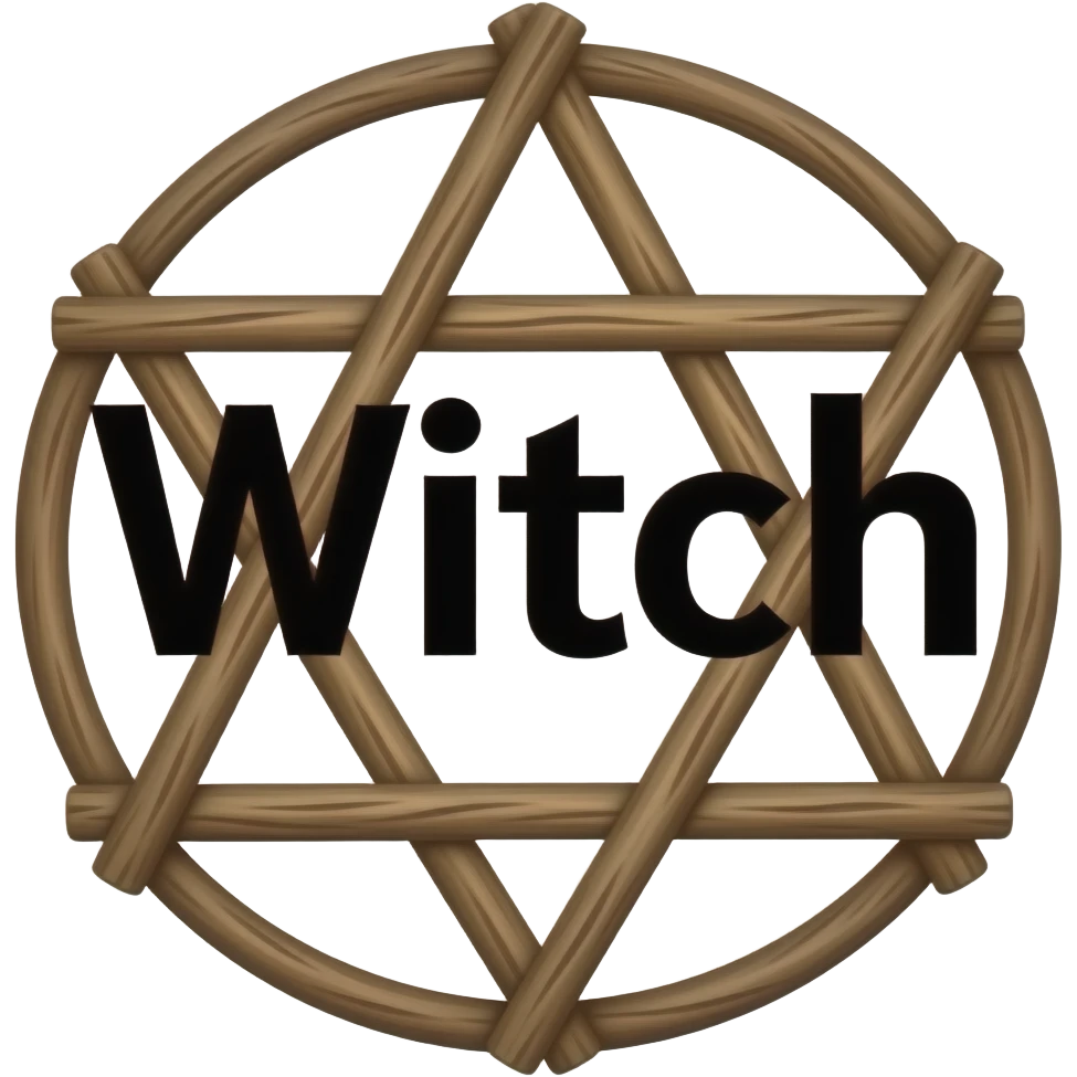 A Goth Victorian era inspired  black text "Witch" . Behind the text is a brown rustic slightly crooked natural wood stick That make up an upwards pentagram. emoji