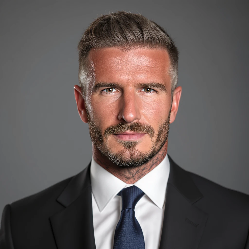 realistic portrait of David Beckham, famous English footballer, stylish, short hair, well-groomed beard, wearing a suit emoji