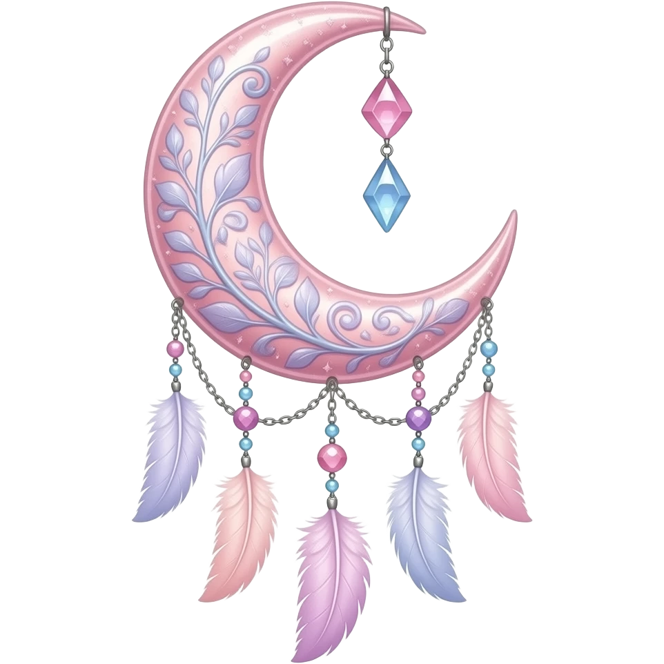 Rosy shiny glossy sparkly romantic pastel crescent damask moon with rose quartz pastel vines pastel gems pastel beads with feathers and chains suncatcher-dreamcatcher emoji