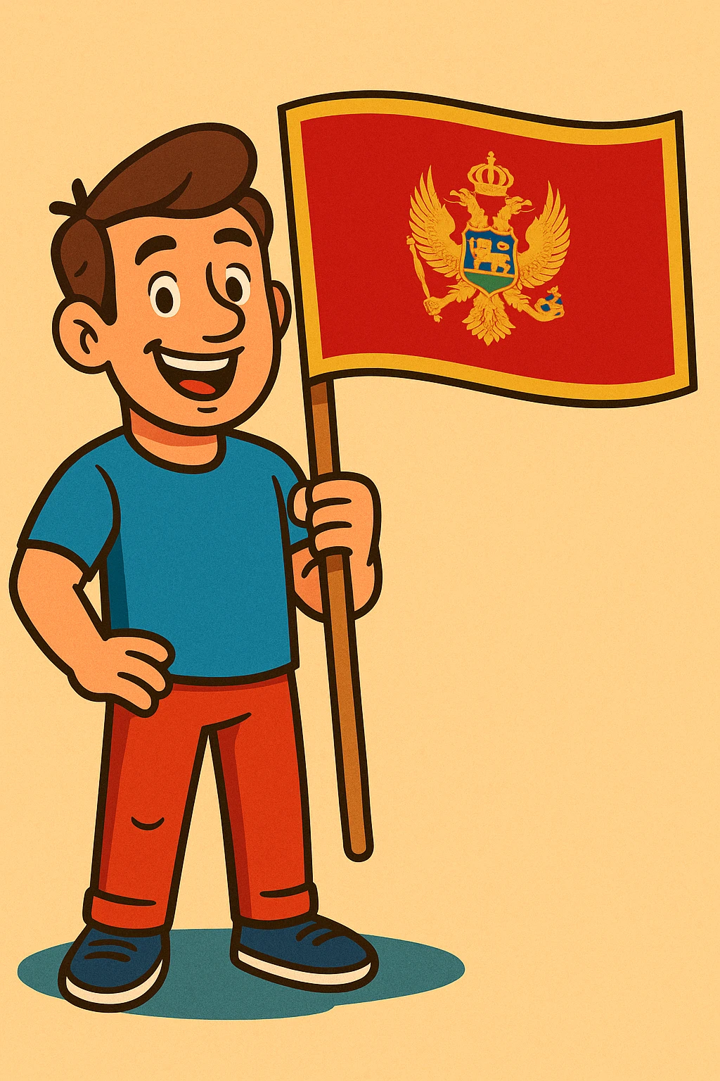 man with Montenegro flag, cartoon style, friendly expression emoji