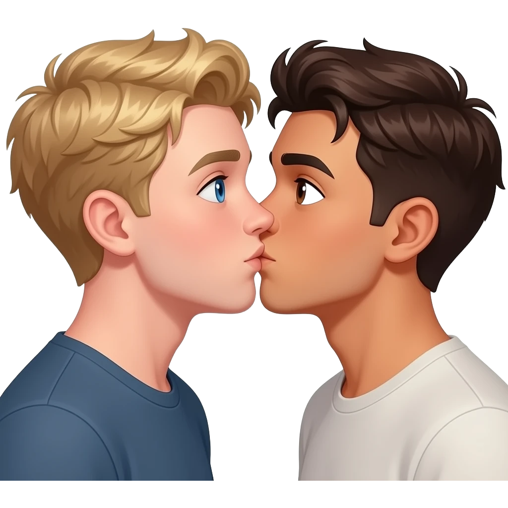 Make a young gay male teen couple kissing on a Date , one has light Skin with Blond Hair and Blue Eyes, the other one has slightly brown skin witz dark Brown Hair and Brown Eye Color. emoji
