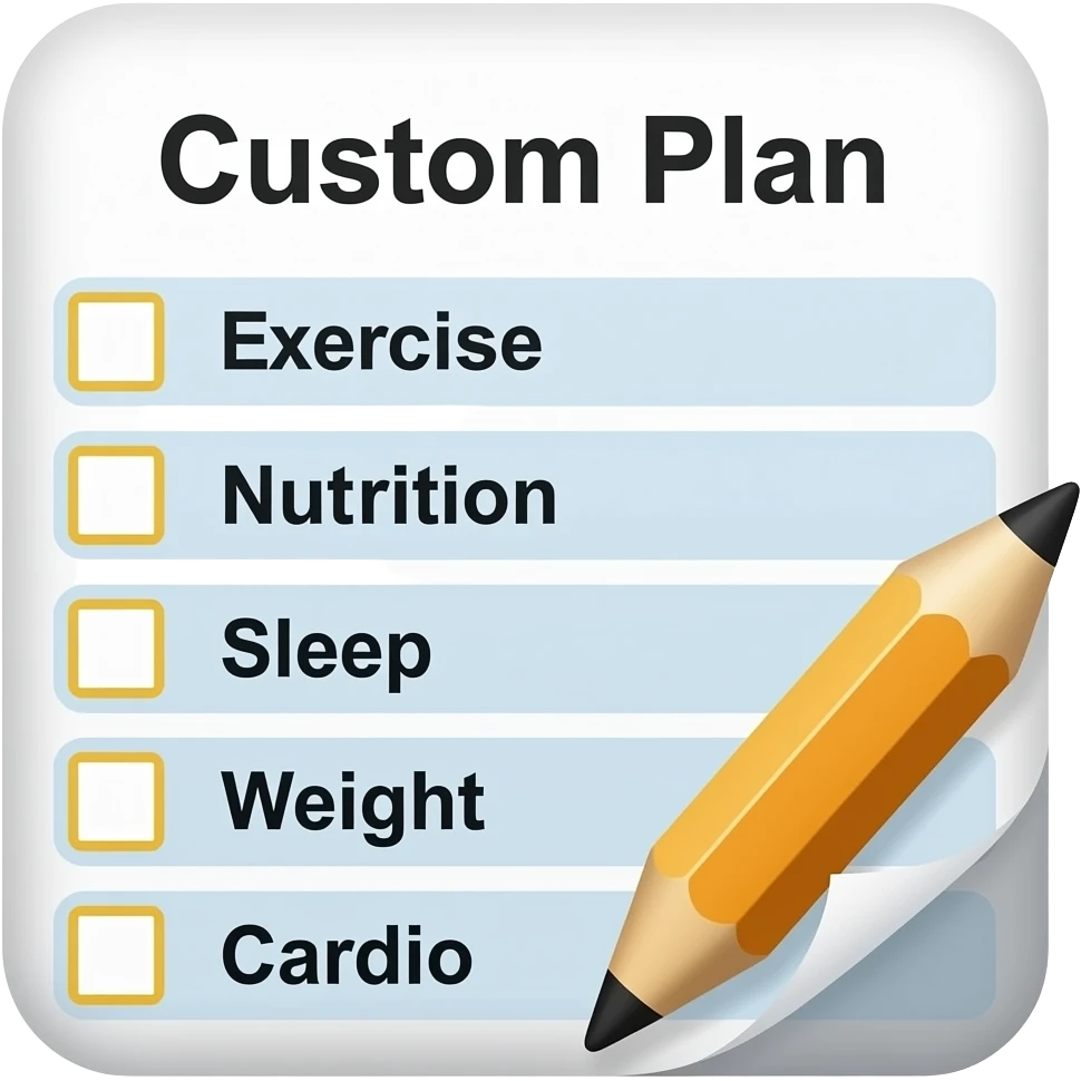 Un programme d'entraînement en salle de sport, avec un crayon dans le coin et intitulé « Plan personnalisé », doit clairement indiquer ce qui suit : Exercice, Alimentation, Sommeil, Poids, Cardio. emoji