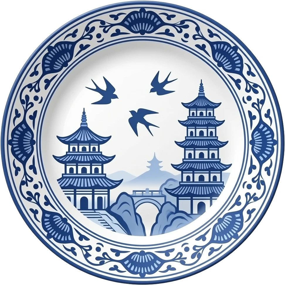 chinoiserie blue willow china pattern plate with pagodas and swallows emoji