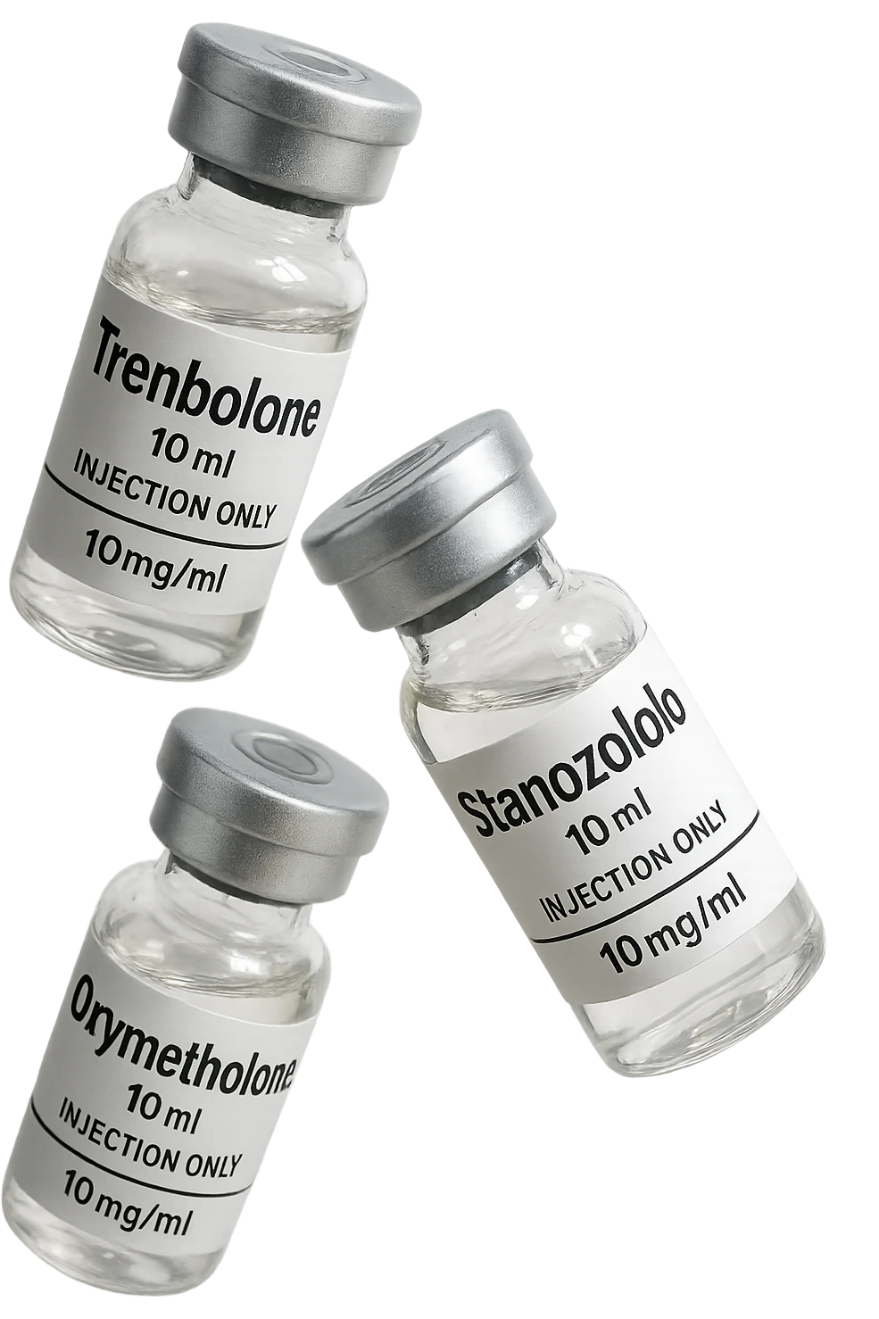 FIALE MEDICHE DI Trenbolone, stanozololo, oxymetholone FLUTTUANO IN ARIA, iperrealistico 4k, isolato su sfondo bianco emoji