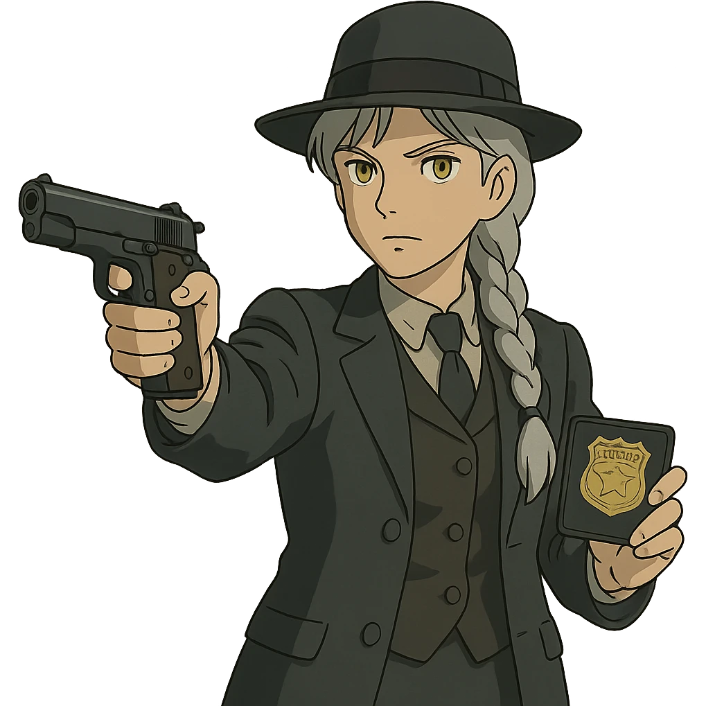 1 female, 1920's mens suit, long white hair braid, gold yellow eyes, muted dark colors, brandishing a colt 1911 and a detective badge emoji