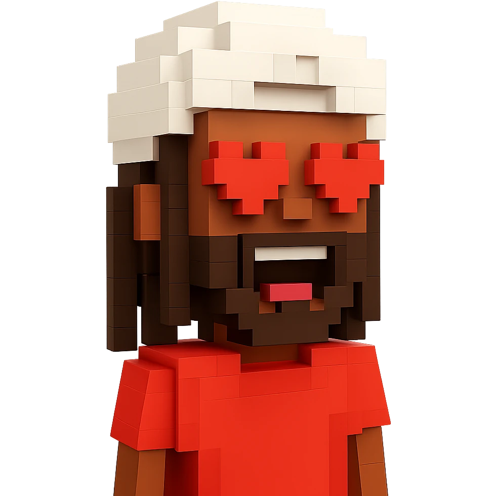 Brownskin man with long brown dreadlocks 
red t-shirt 
white turban 
expression is in love 
his eyes mouth open  emoji