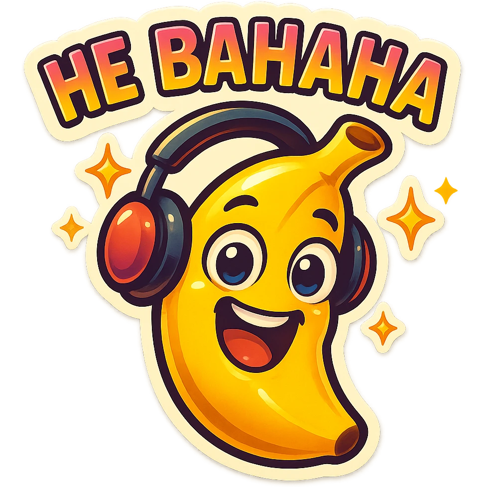 Funny cartoon banana, big happy smiling face, wearing tiny headphones, wide excited eyes, tiny sparkles around, text above: "НЕ БАНАНА ", chibi style, Twitch emoji style, colorful, transparent background emoji