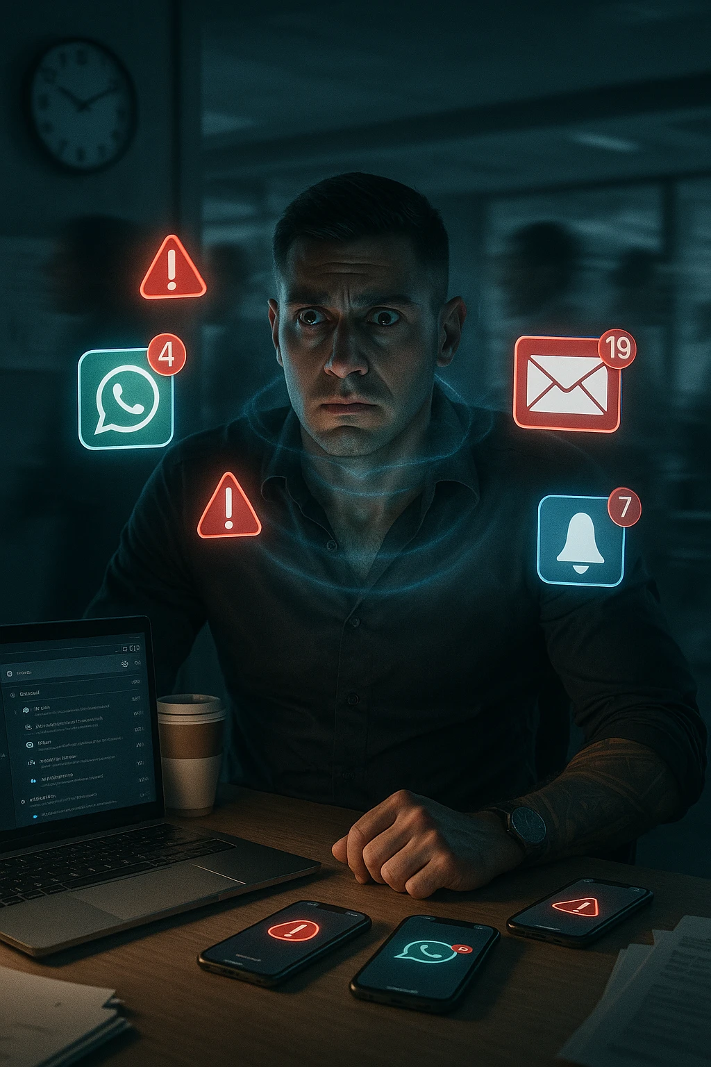 A highly realistic, cinematic portrait of a young man in his early 30s with a tired, tense expression, sitting at his modern office desk surrounded by multiple smartphones with glowing notification bubbles (WhatsApp, emails, alerts) hovering around him like aggressive neon icons. His posture is hunched, shoulders raised, eyes slightly wide, and jaw clenched, representing constant hyper-vigilance and stress. The environment is a cold, cluttered workspace with a laptop displaying endless emails and Slack notifications, coffee cups stacked nearby, and a clock showing late hours, symbolizing the relentless pace of modern work life. Behind him, ghostly blurred figures rush by in a fast-motion effect, representing the constant rush and societal pressure. A faint, tight grey aura wraps around his chest and head, symbolizing blocked breathing and mental tension, while faint blue light tries to push through, representing the body’s desire to find calm. The lighting is harsh and cool, with a 35mm hyperrealistic film style, shallow depth of field focusing on the man’s stressed face and the floating notifications, illustrating the modern trap of always being on alert. emoji