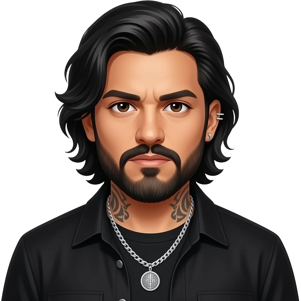 handsome, manly Latino podcast host with black colored eyes wearing black with silver jewelry, with medium length hair, a very long, lightly graying beard and tattoos, his ear pierced and right nostril as well, gives a death glare emoji