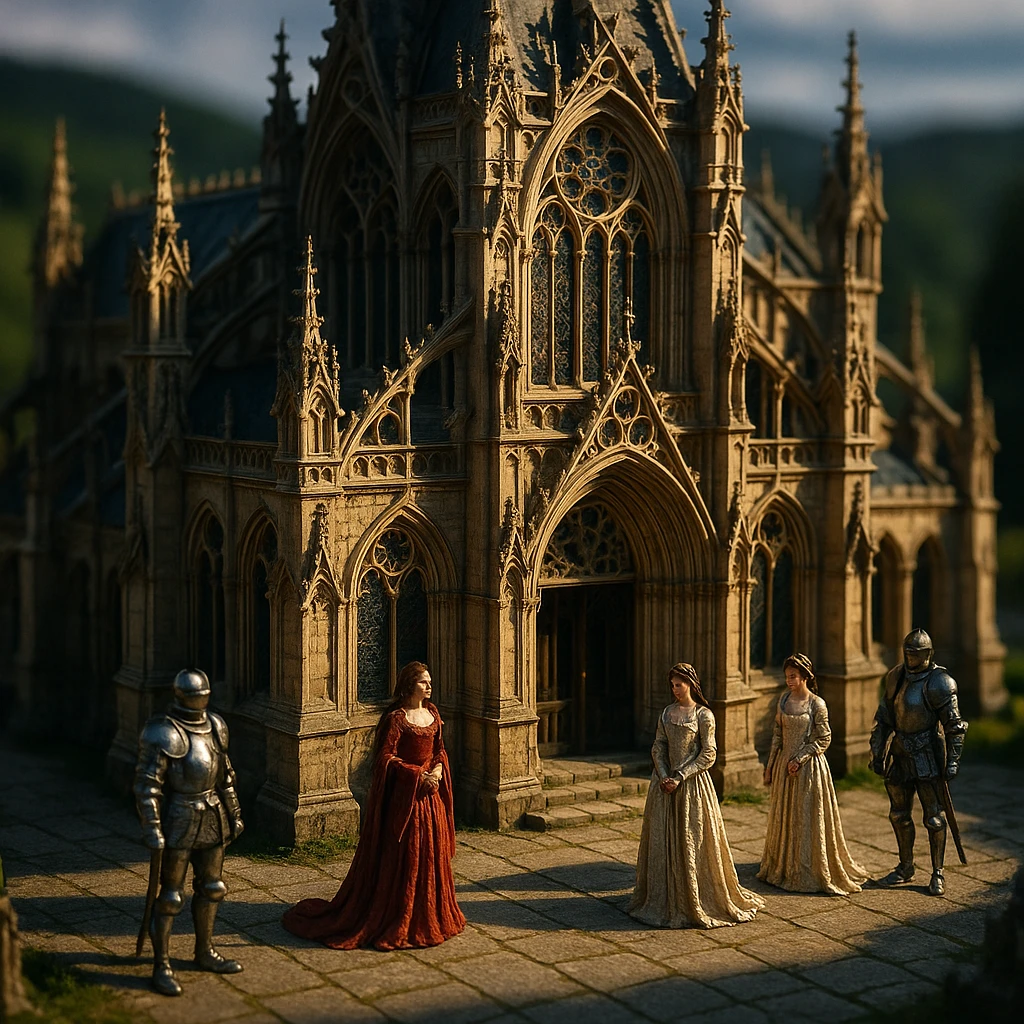 highly detailed 3D tilt-shift model of a medieval Gothic palace with knights and beautiful ladies, dramatic cinematic lighting, epic mood, blurred natural landscape background emoji