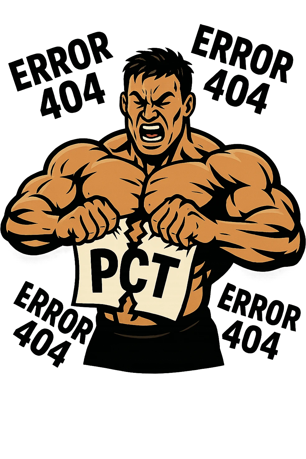 bodybuilder che strappa un foglio con la scritta "PCT" INTORNO A LUI FLUTTUANO LE PAROLE "ERROR 404" emoji