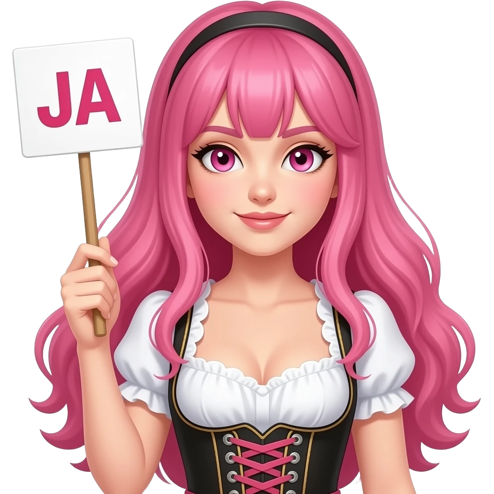 sexy girl with long pink hair and pink eyes wearing a dirndl holding a JA sign emoji