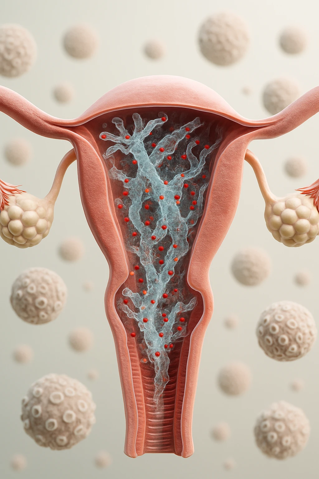 corpo umano anatomico con batteri come la candida nell'utero, sfondo neutro chiaro, iperrealistico 4k emoji
