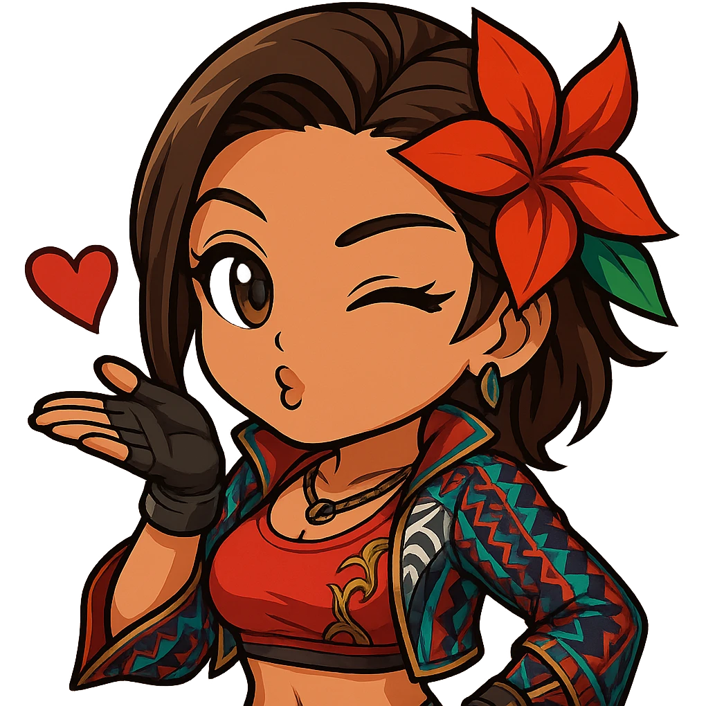 Azucena from Tekken 8 in chibi sticker style, blowing a kiss with a flirty expression, standard Twitch emote, wearing her detailed red and patterned outfit as shown in the reference images. emoji