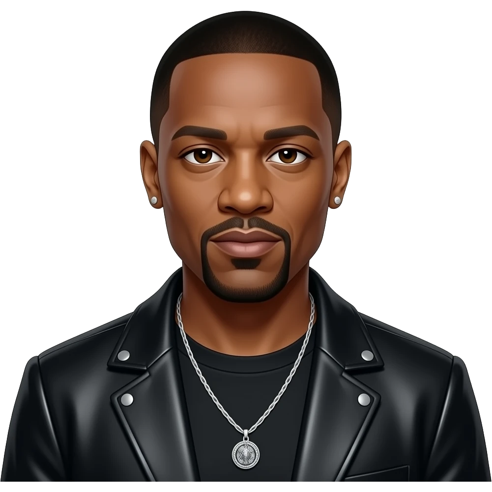 Dr Dre with dark brown eyes, black buzz cut hair, black metallic shirt, black metallic jacket, necklace and earrings emoji