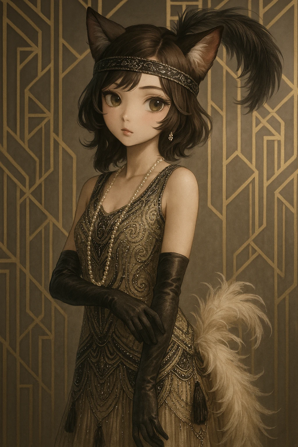 realistic anime catgirl in vintage 1920s fashion, art deco background, elegant pose emoji